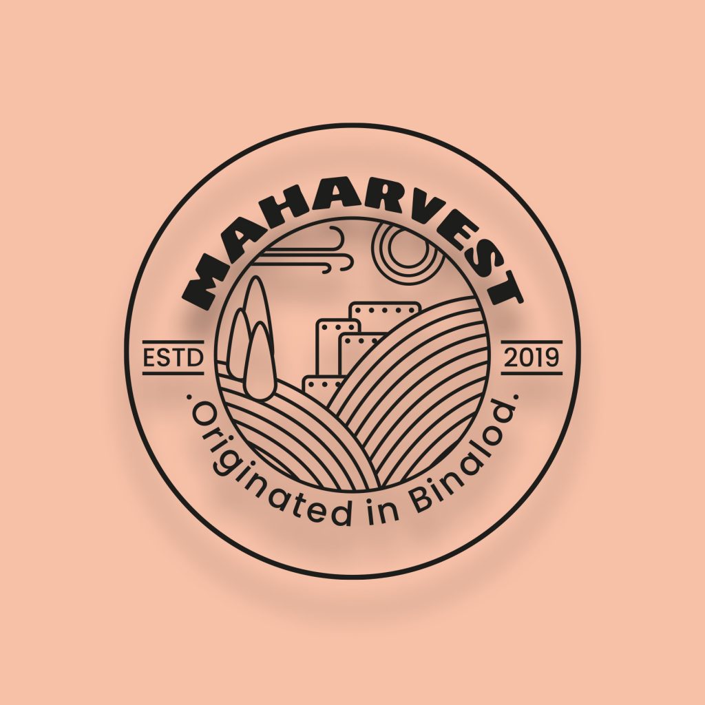 Black Maharvest logo on light pink background