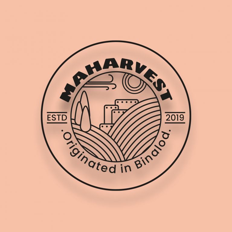 Black Maharvest logo on light pink background