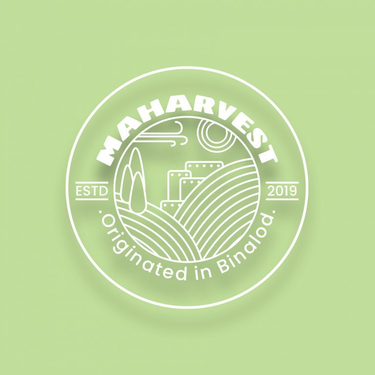 White Maharvest logo on light green background
